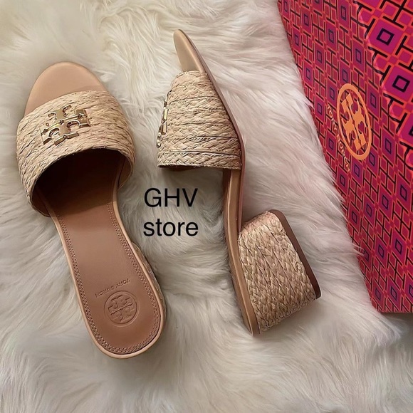 TORY BURCH EVERLY RAFFIA BLOCK SANDAL SLIDE - Picture 2 of 5